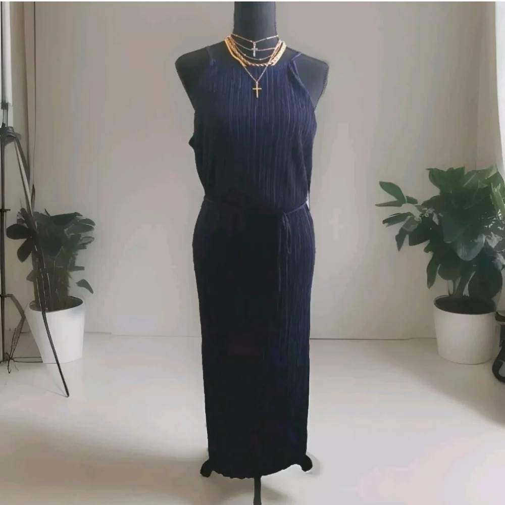 Satin Slinky Midi Dress sleeveless Navy blue M Workwear Wedding Guest Office